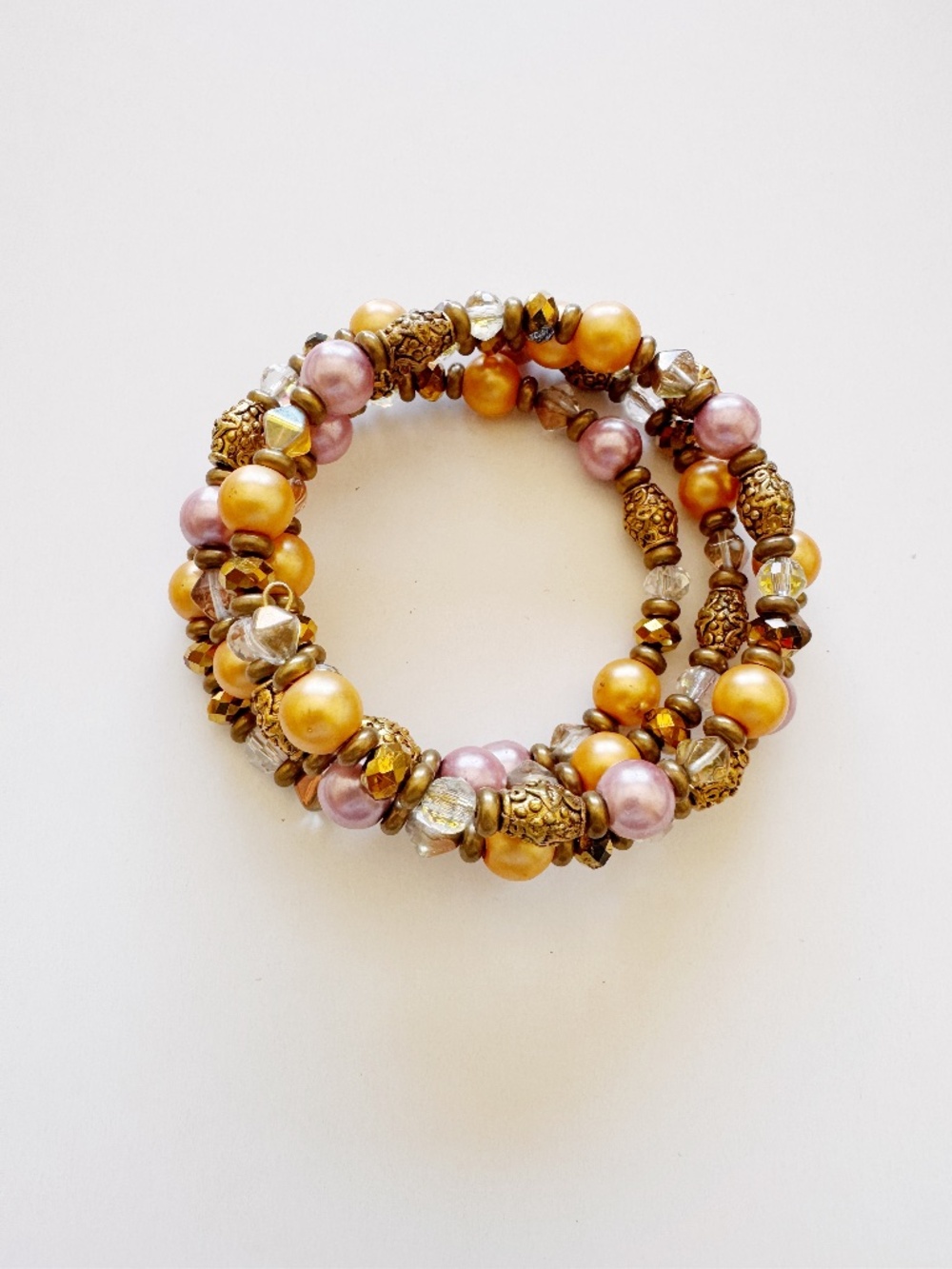 Vintage Beaded Wrap Bracelet Pink Gold Faux Pearl Crystal Boho Stretch